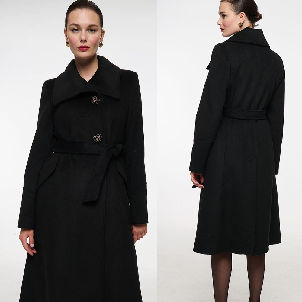 Women Formal Wear For Plus Size - 빈티지 블랙 스탠드 칼라 여성 울