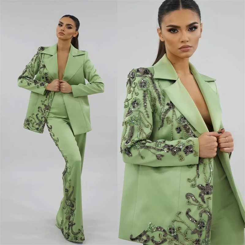 Women'S Green Formal Wear - 디자이너 그린 새틴 여성용 정장 세트,