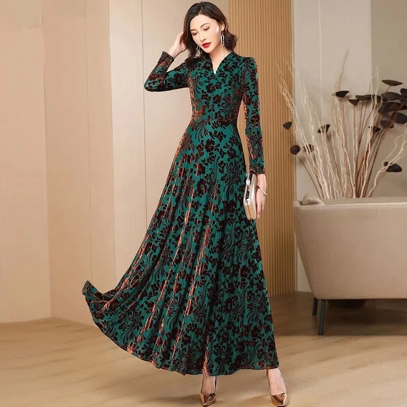 봄 가을 여성을위한 새로운 골드 벨벳 긴 소매 드레스  - Women'S Green Formal Wear 리뷰 및 가격