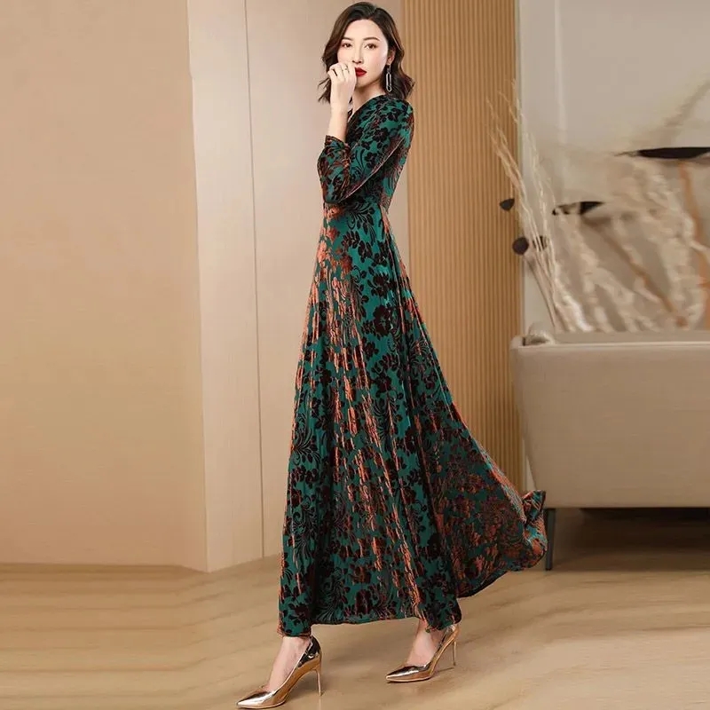 봄 가을 여성을위한 새로운 골드 벨벳 긴 소매 드레스  - Women'S Green Formal Wear 리뷰 및 가격