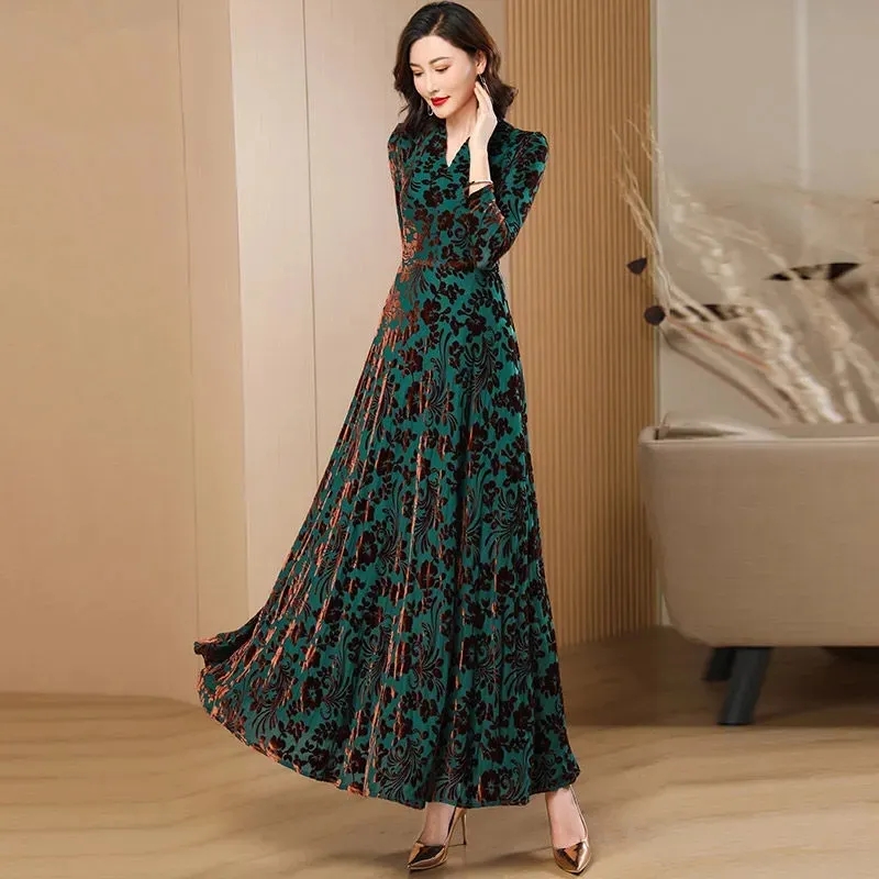 봄 가을 여성을위한 새로운 골드 벨벳 긴 소매 드레스  - Women'S Green Formal Wear 리뷰 및 가격